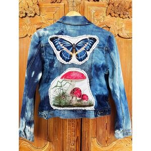 Cottagecore Boho Art Denim Jacket – Butterfly & Mushroom, Upcycled, LEVIS size M